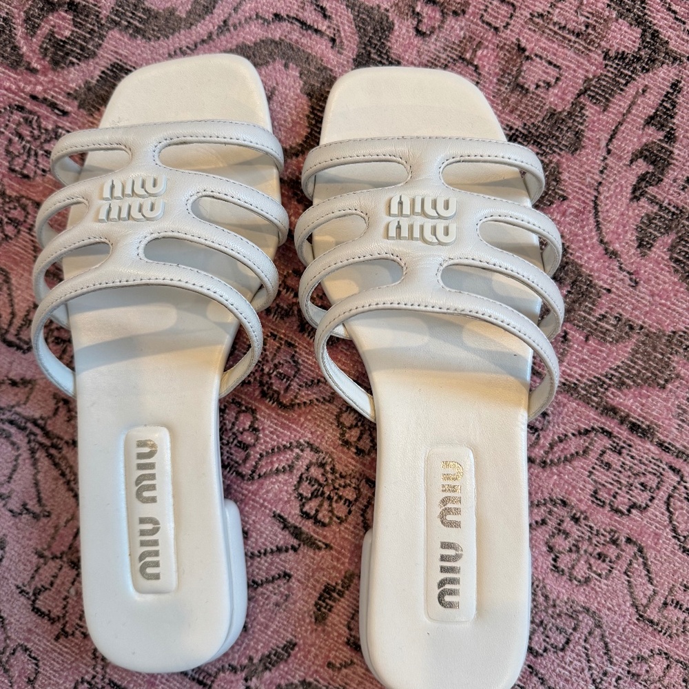 Miu Miu White Leather Slide Sandals